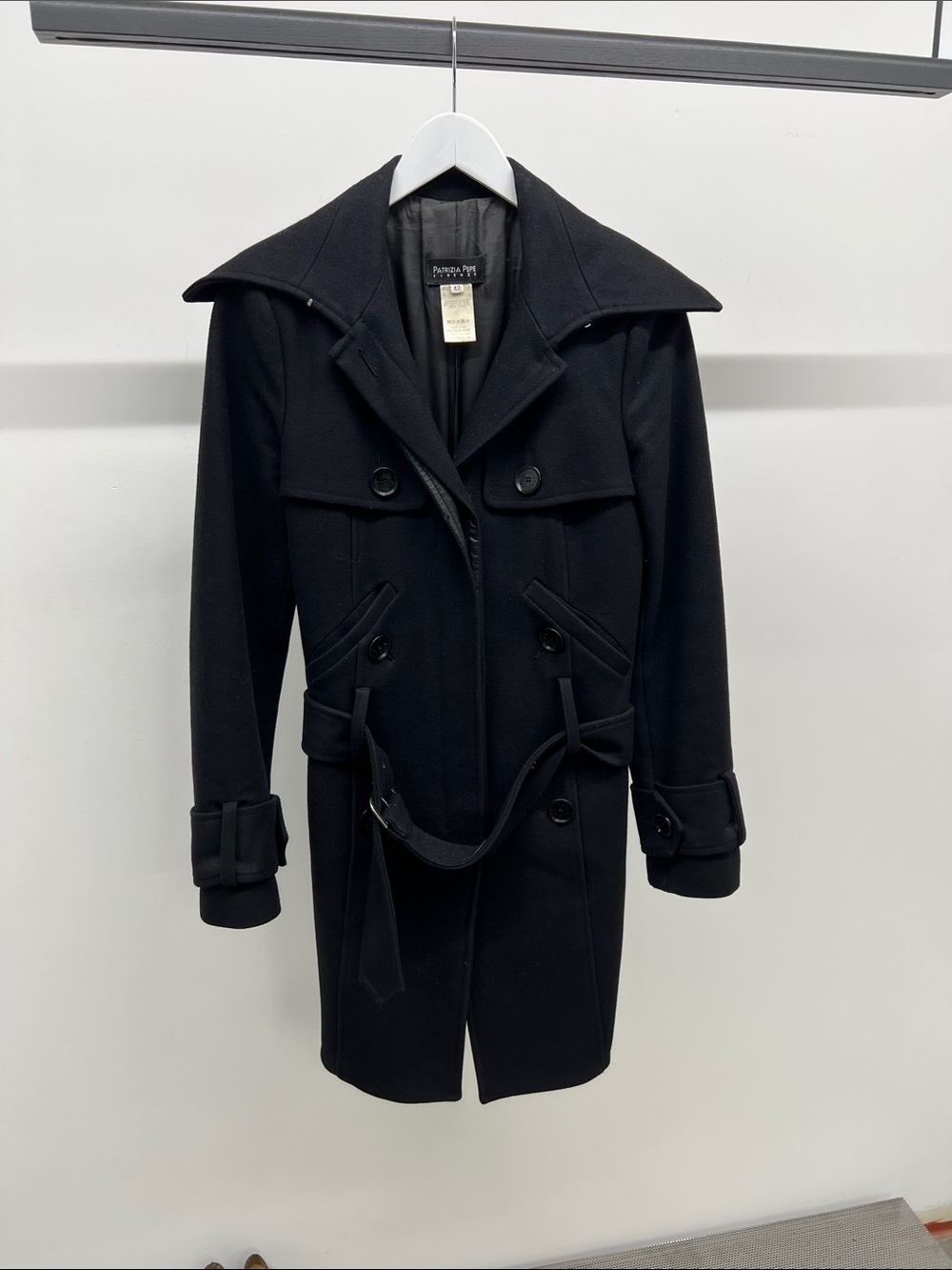 Patrizia Pepe Black Double-Breasted Pea Coat with Belt